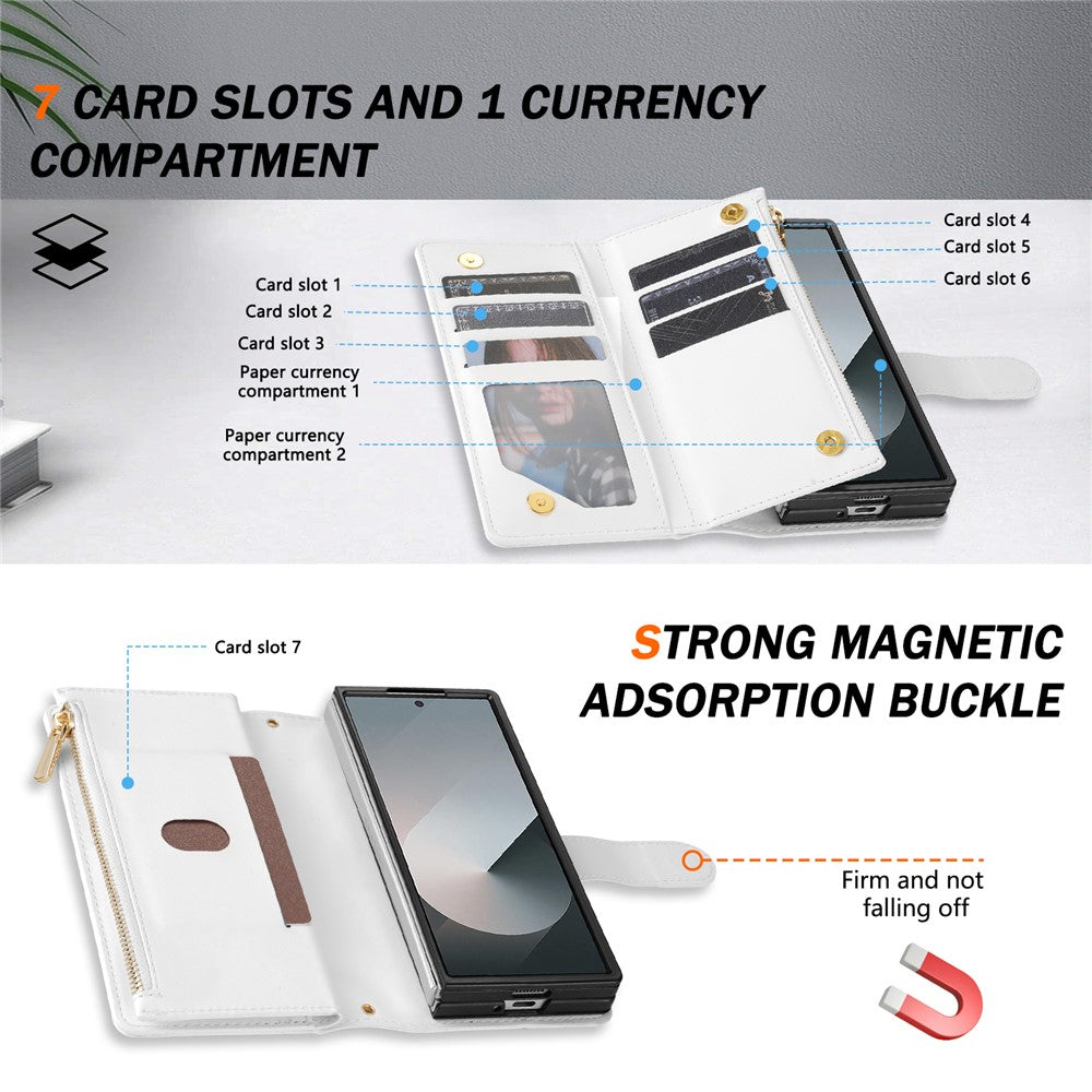 For Samsung Galaxy Z Fold7 5G Case Rhombus Stitching Leather Wallet Phone Cover with Long / Short Strap - White