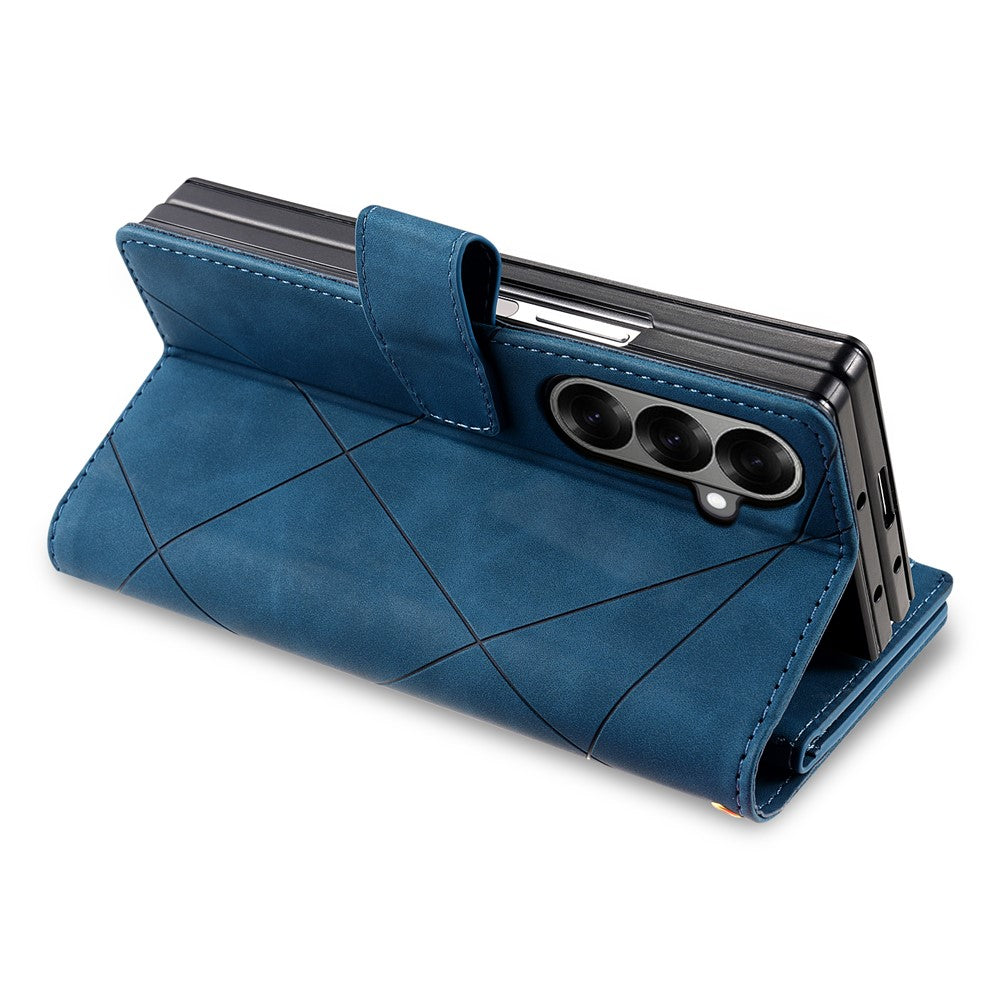 For Samsung Galaxy Z Fold7 5G PU + PC Case Color Splicing Leather Phone Cover with Strap - Blue