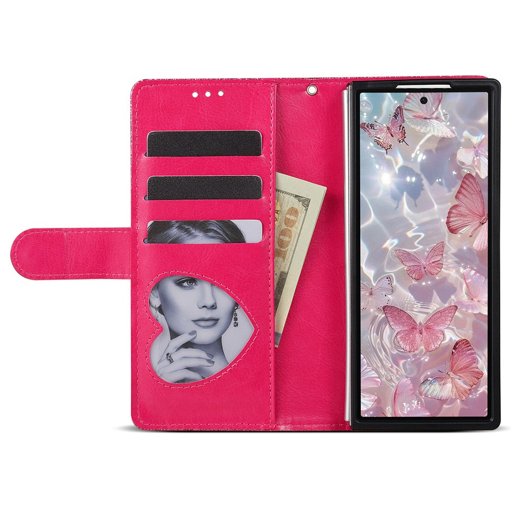 For Samsung Galaxy Z Fold7 5G PU + PC Stand Case Glitter Phone Leather Cover Zipper Pocket with Strap - Rose