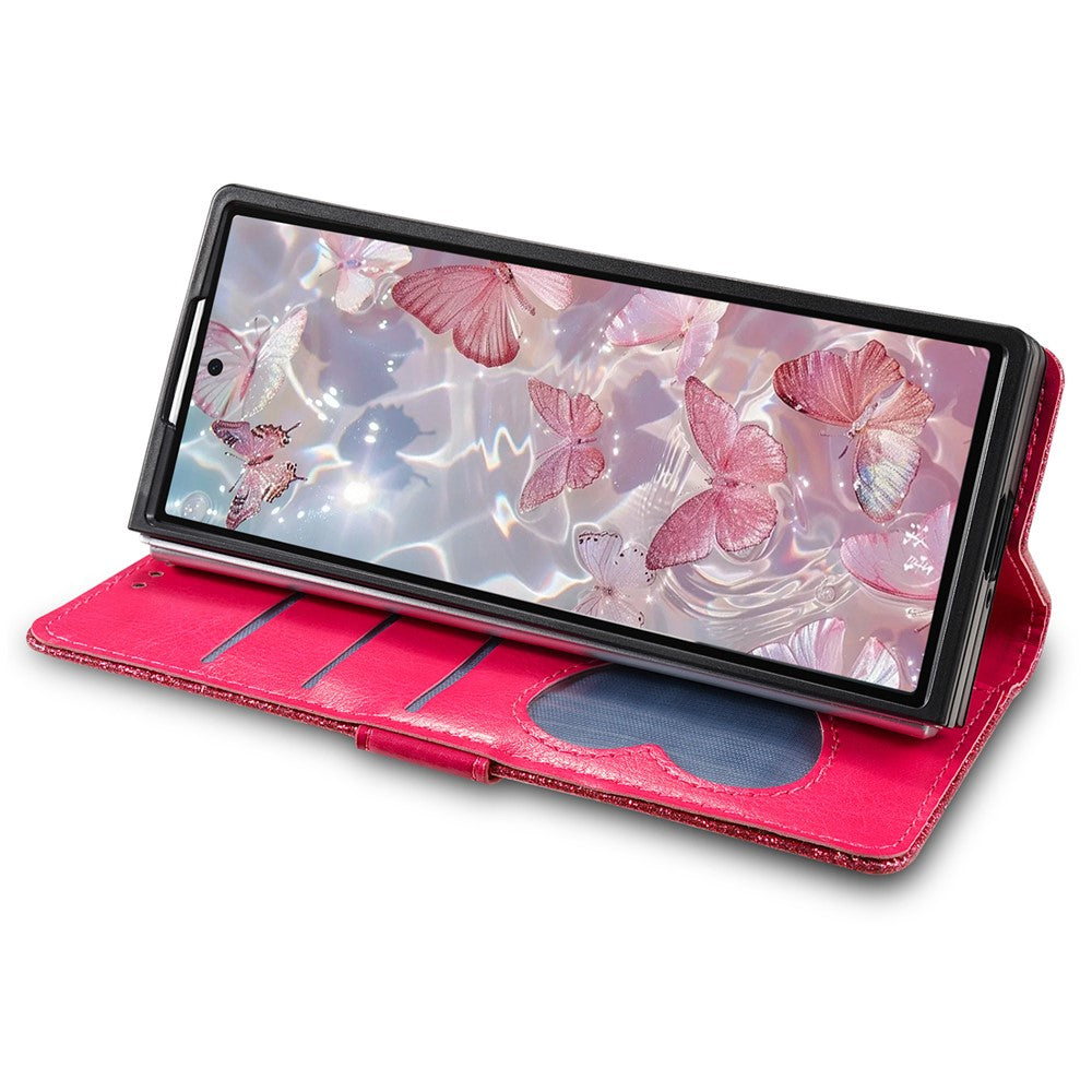 For Samsung Galaxy Z Fold7 5G PU + PC Stand Case Glitter Phone Leather Cover Zipper Pocket with Strap - Rose