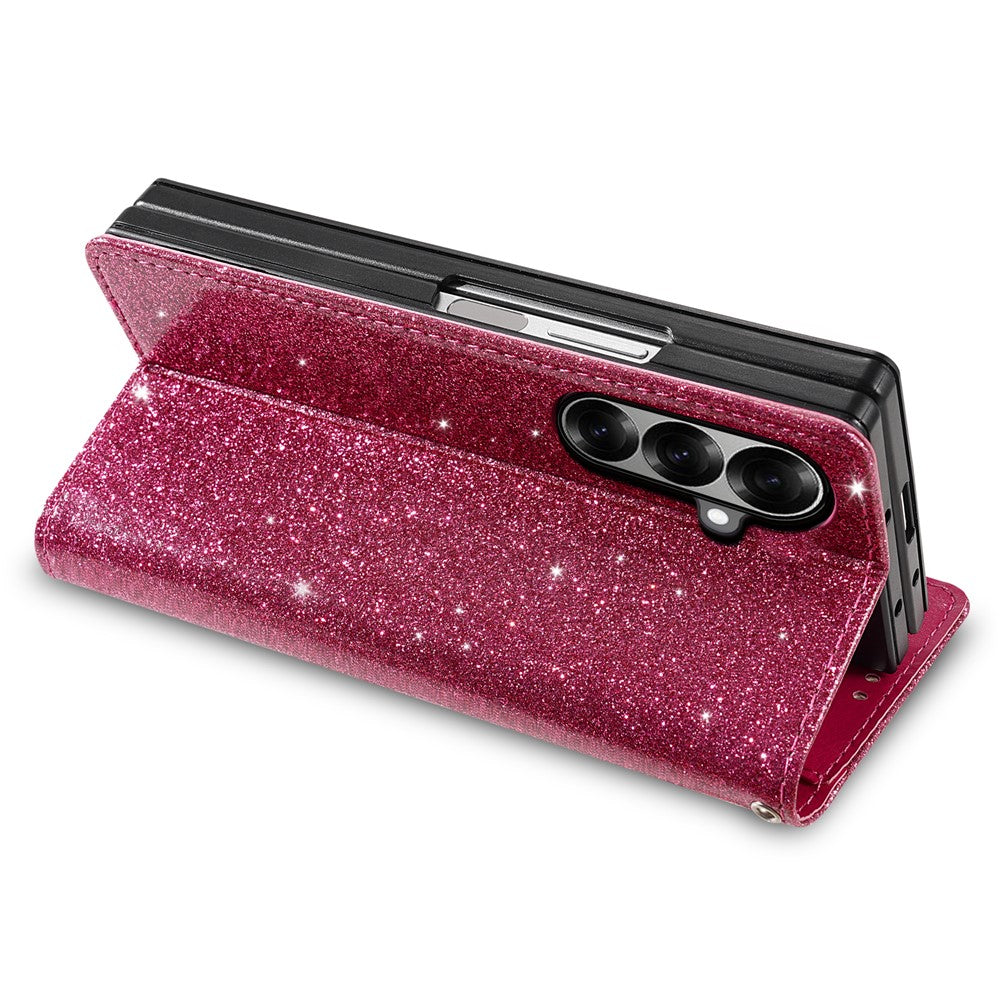 For Samsung Galaxy Z Fold7 5G PU + PC Stand Case Glitter Phone Leather Cover Zipper Pocket with Strap - Rose