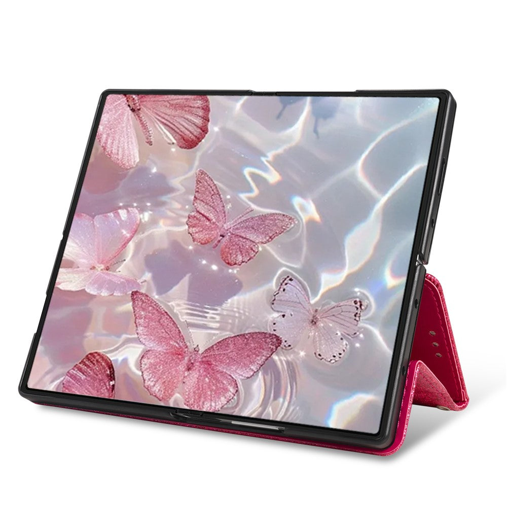 For Samsung Galaxy Z Fold7 5G PU + PC Stand Case Glitter Phone Leather Cover Zipper Pocket with Strap - Rose