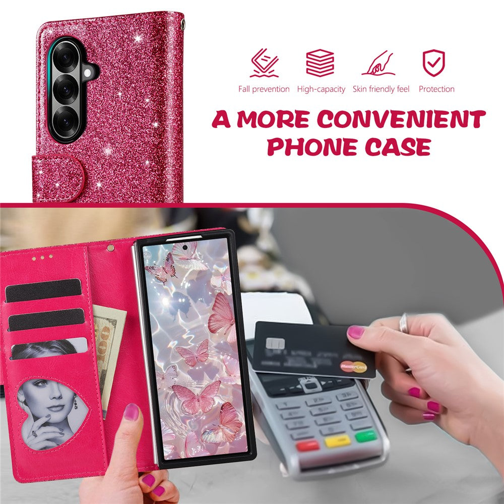 For Samsung Galaxy Z Fold7 5G PU + PC Stand Case Glitter Phone Leather Cover Zipper Pocket with Strap - Rose