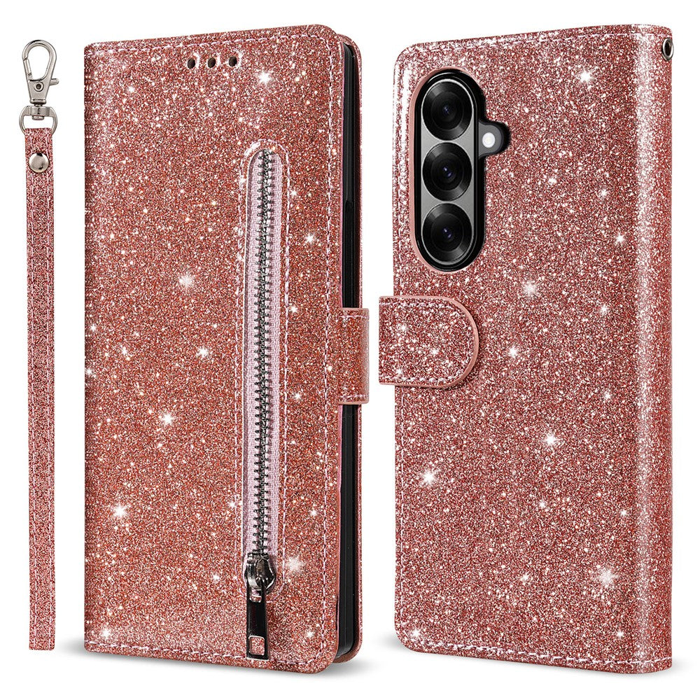 For Samsung Galaxy Z Fold7 5G PU + PC Stand Case Glitter Phone Leather Cover Zipper Pocket with Strap - Rose Gold