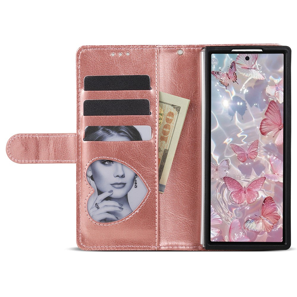 For Samsung Galaxy Z Fold7 5G PU + PC Stand Case Glitter Phone Leather Cover Zipper Pocket with Strap - Rose Gold