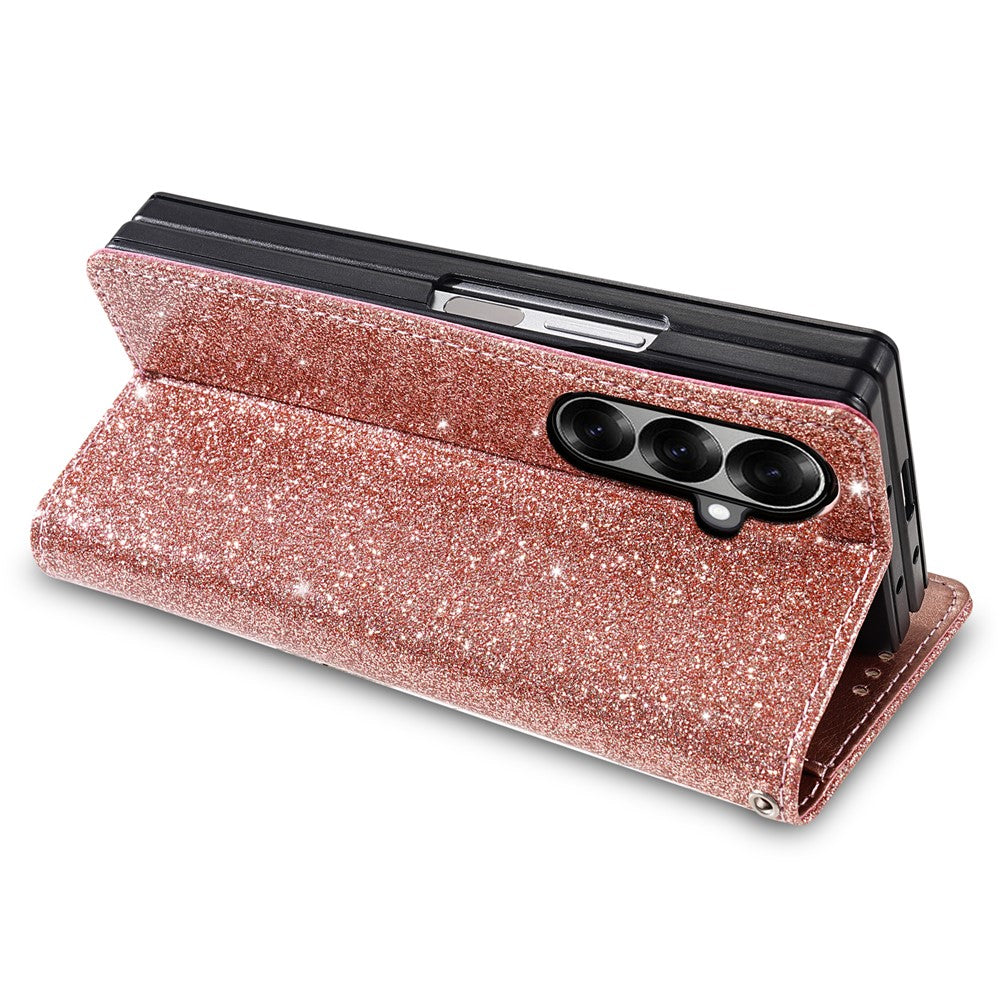 For Samsung Galaxy Z Fold7 5G PU + PC Stand Case Glitter Phone Leather Cover Zipper Pocket with Strap - Rose Gold