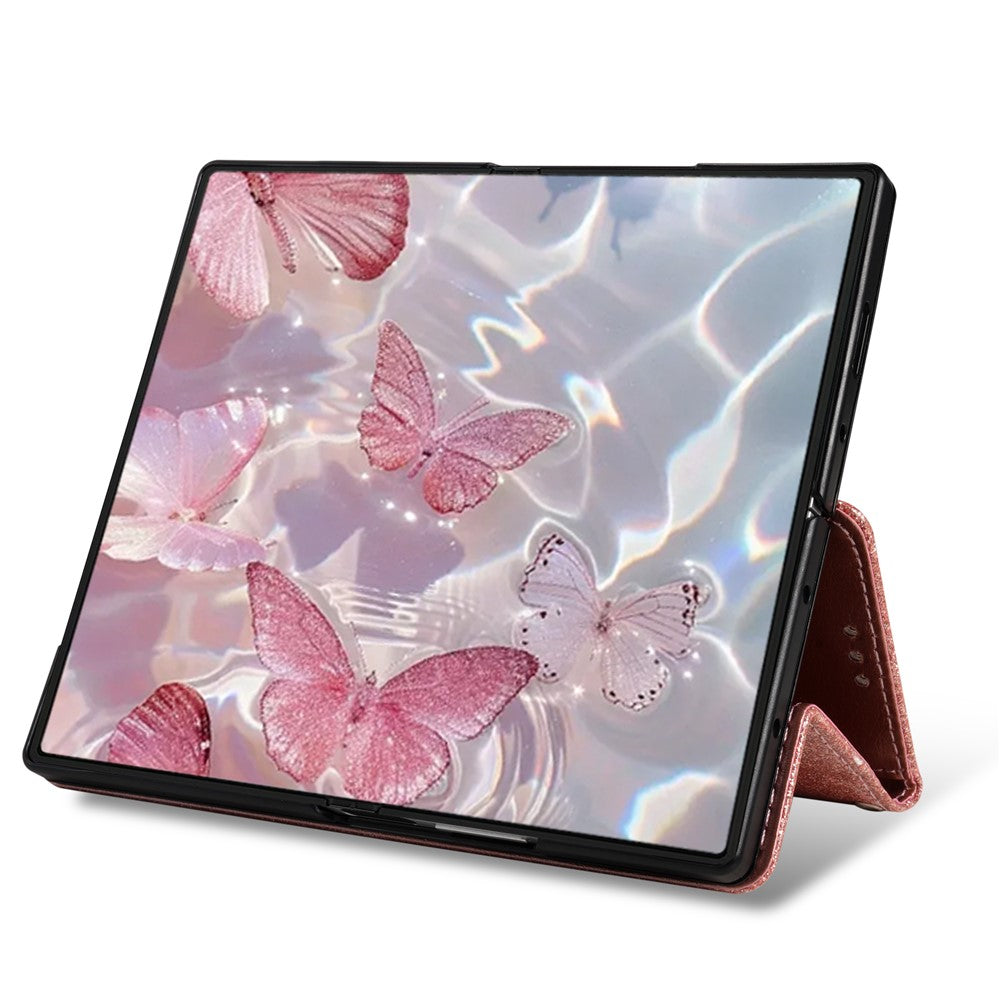 For Samsung Galaxy Z Fold7 5G PU + PC Stand Case Glitter Phone Leather Cover Zipper Pocket with Strap - Rose Gold