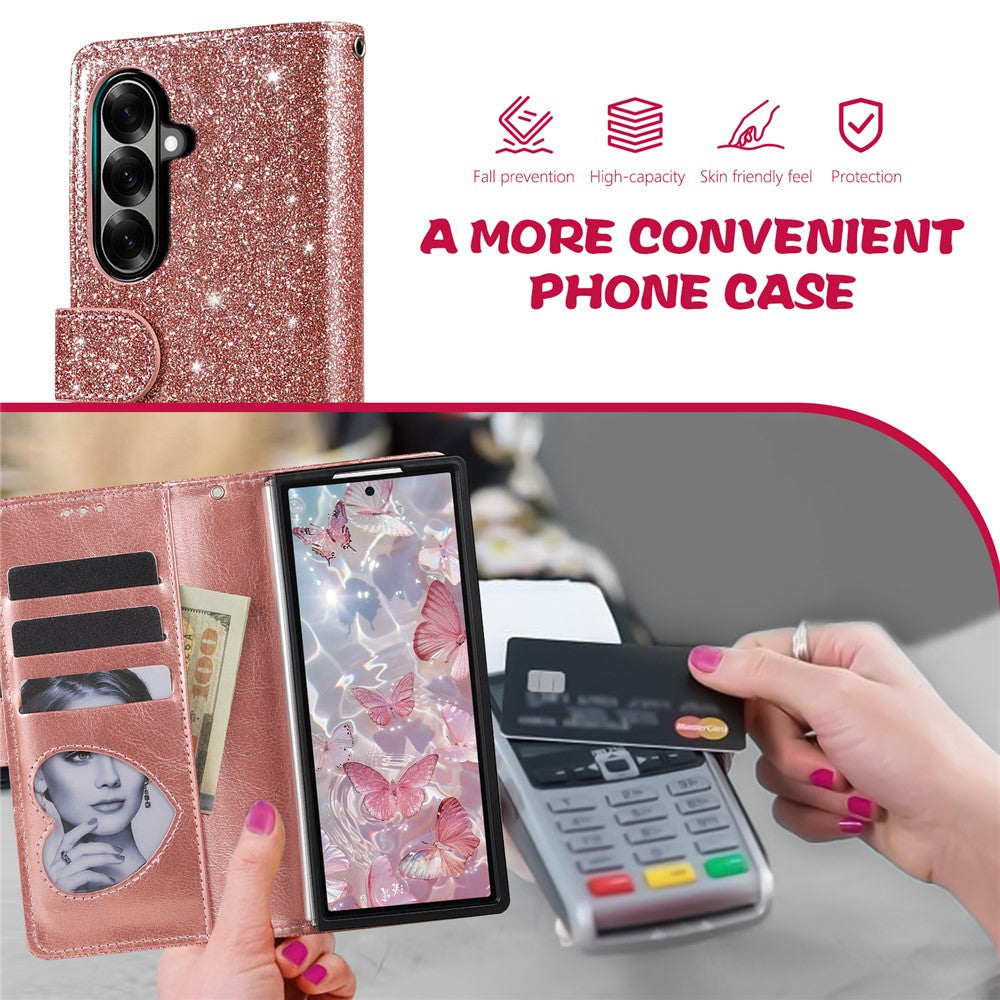 For Samsung Galaxy Z Fold7 5G PU + PC Stand Case Glitter Phone Leather Cover Zipper Pocket with Strap - Rose Gold
