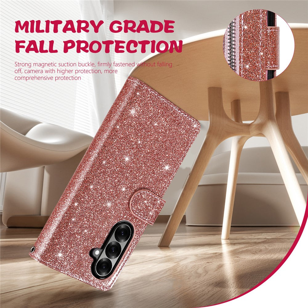 For Samsung Galaxy Z Fold7 5G PU + PC Stand Case Glitter Phone Leather Cover Zipper Pocket with Strap - Rose Gold