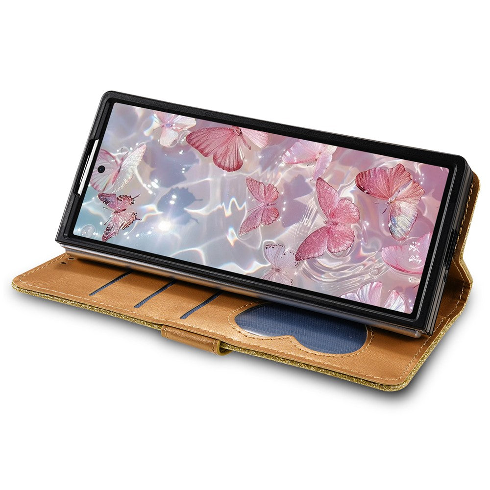 For Samsung Galaxy Z Fold7 5G PU + PC Stand Case Glitter Phone Leather Cover Zipper Pocket with Strap - Gold
