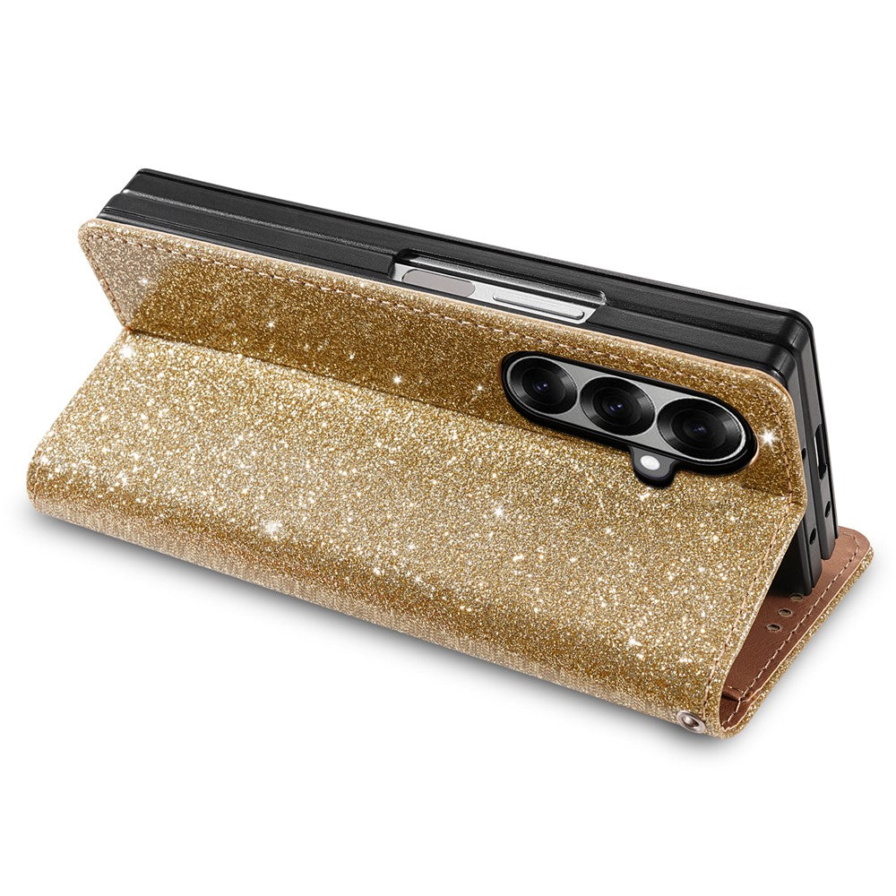 For Samsung Galaxy Z Fold7 5G PU + PC Stand Case Glitter Phone Leather Cover Zipper Pocket with Strap - Gold