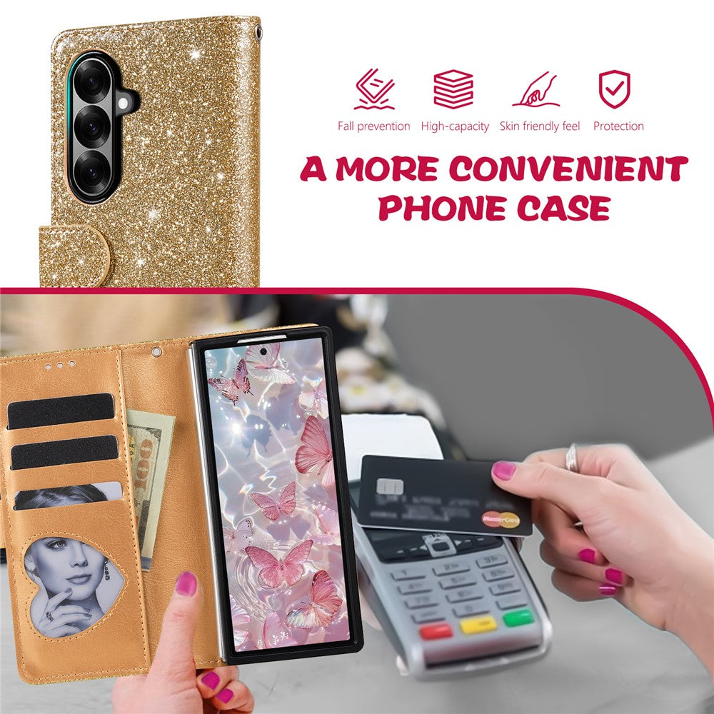 For Samsung Galaxy Z Fold7 5G PU + PC Stand Case Glitter Phone Leather Cover Zipper Pocket with Strap - Gold