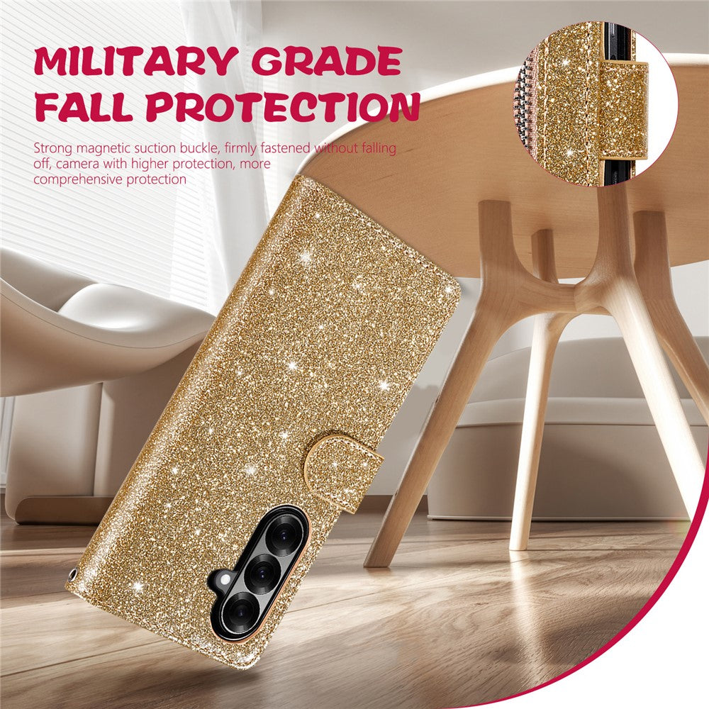 For Samsung Galaxy Z Fold7 5G PU + PC Stand Case Glitter Phone Leather Cover Zipper Pocket with Strap - Gold
