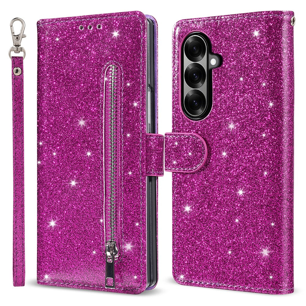 For Samsung Galaxy Z Fold7 5G PU + PC Stand Case Glitter Phone Leather Cover Zipper Pocket with Strap - Purple