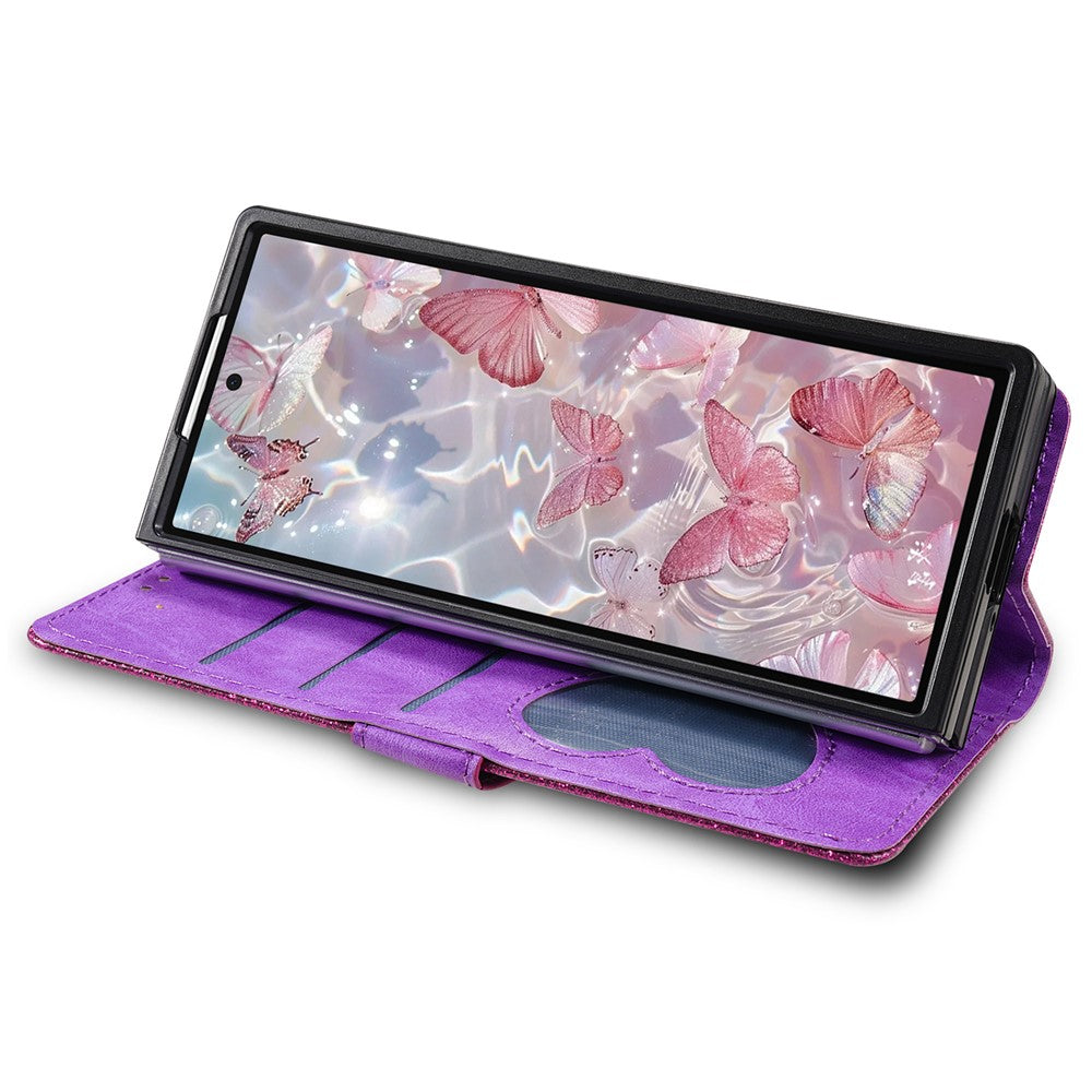 For Samsung Galaxy Z Fold7 5G PU + PC Stand Case Glitter Phone Leather Cover Zipper Pocket with Strap - Purple