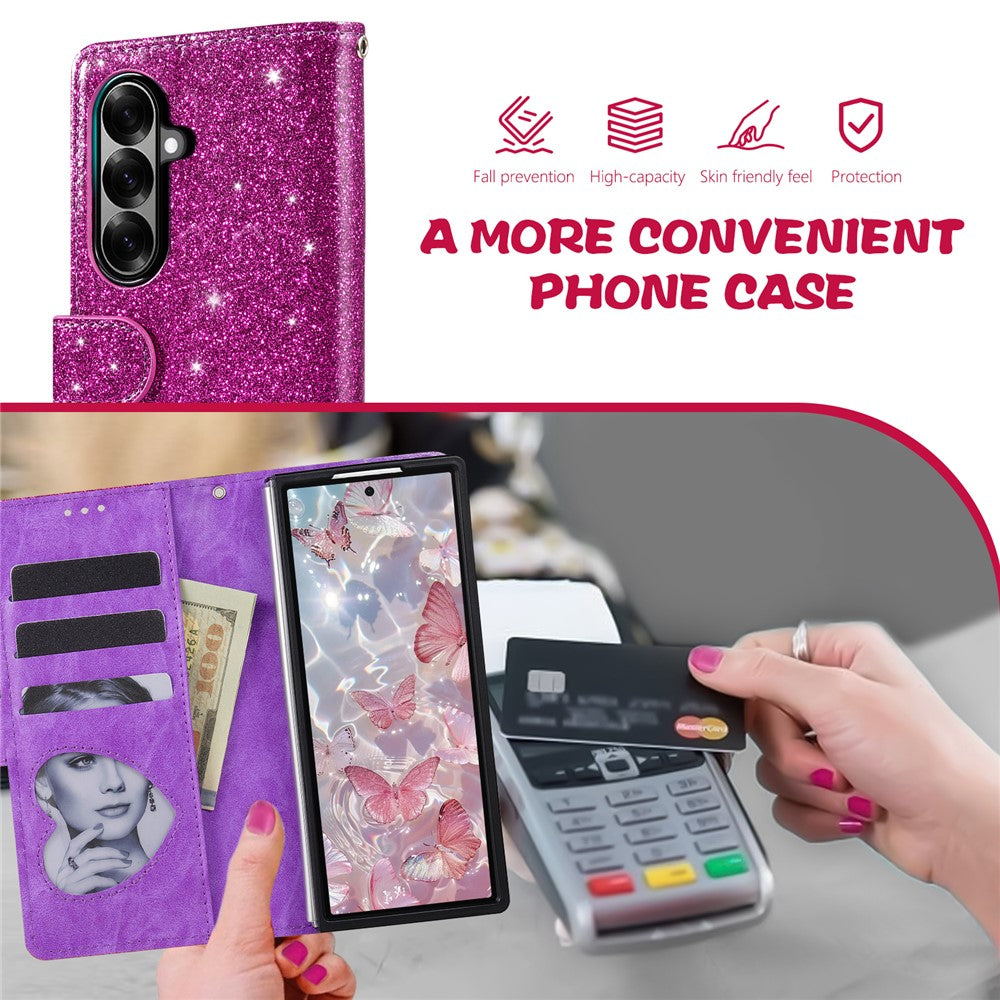 For Samsung Galaxy Z Fold7 5G PU + PC Stand Case Glitter Phone Leather Cover Zipper Pocket with Strap - Purple