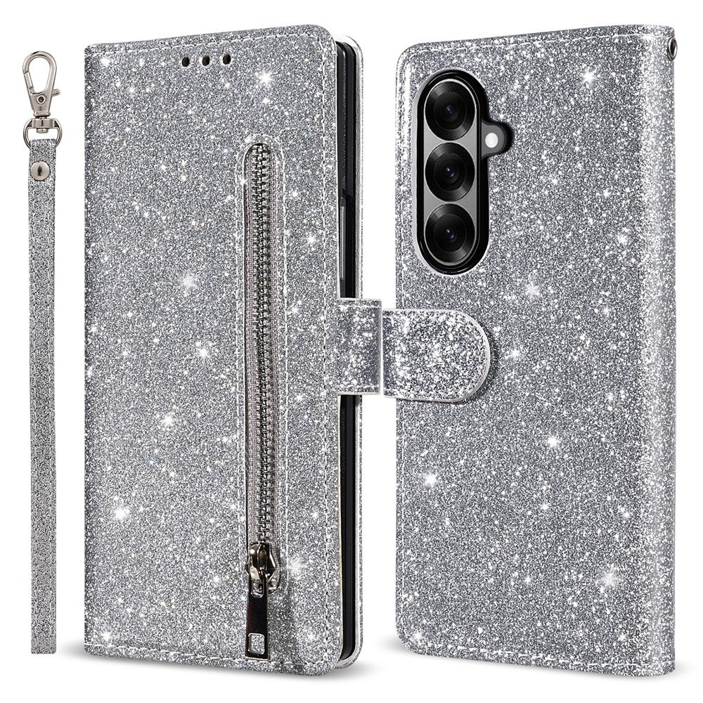 For Samsung Galaxy Z Fold7 5G PU + PC Stand Case Glitter Phone Leather Cover Zipper Pocket with Strap - Silver