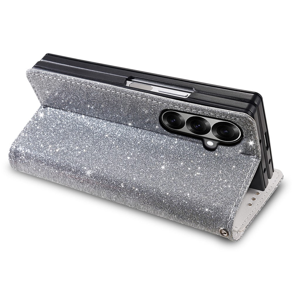For Samsung Galaxy Z Fold7 5G PU + PC Stand Case Glitter Phone Leather Cover Zipper Pocket with Strap - Silver