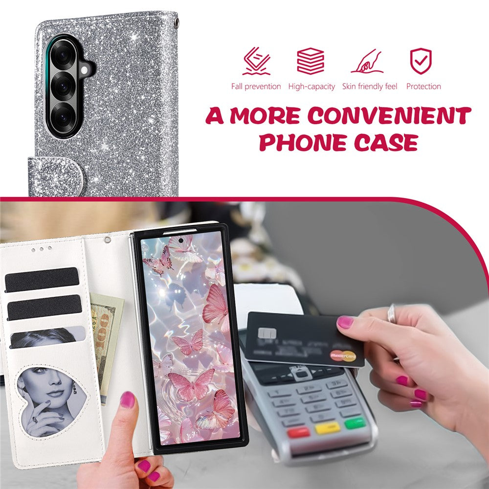For Samsung Galaxy Z Fold7 5G PU + PC Stand Case Glitter Phone Leather Cover Zipper Pocket with Strap - Silver