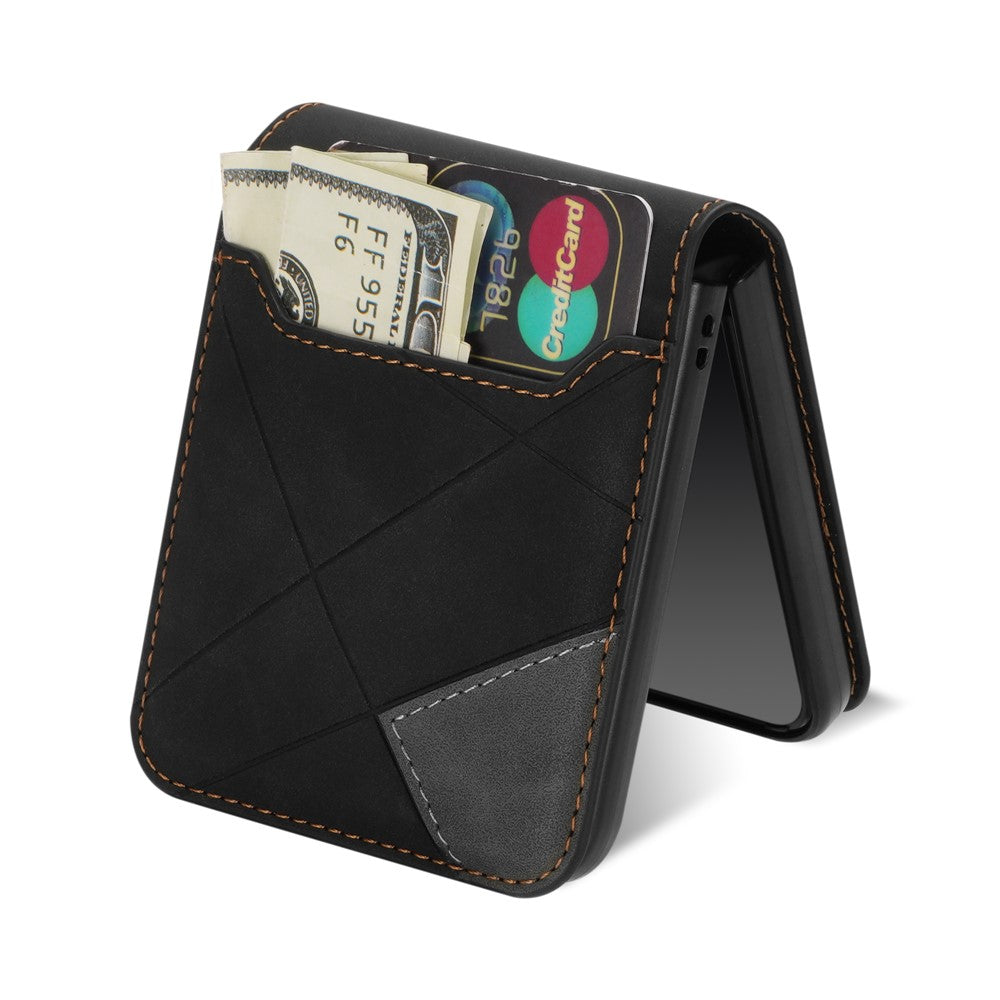 For Samsung Galaxy Z Flip7 5G Case Card Holder Color Splicing PU Leather + PC Phone Cover - Black