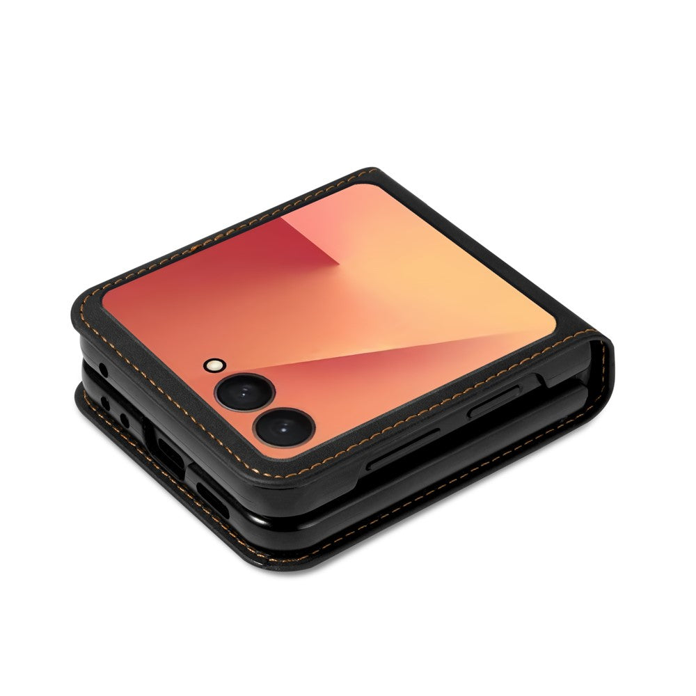 For Samsung Galaxy Z Flip7 5G Case Card Holder Color Splicing PU Leather + PC Phone Cover - Black