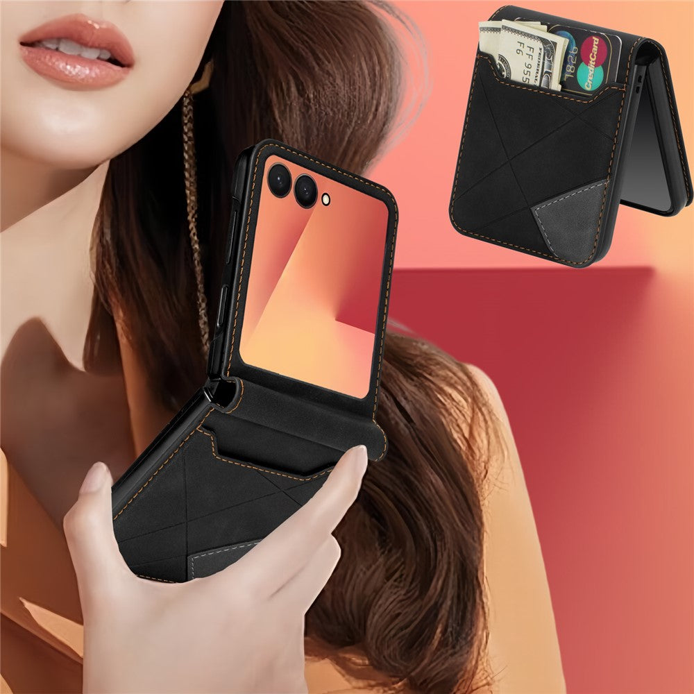 For Samsung Galaxy Z Flip7 5G Case Card Holder Color Splicing PU Leather + PC Phone Cover - Black