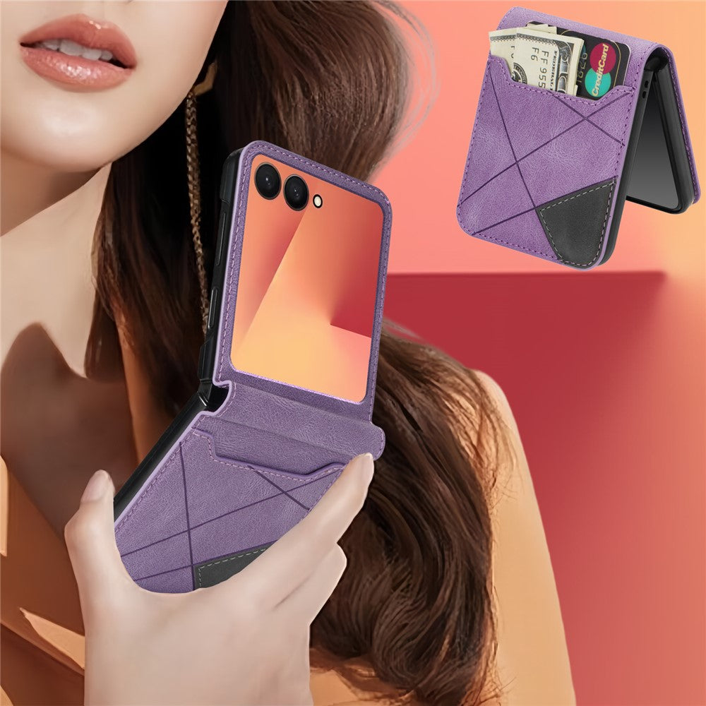 For Samsung Galaxy Z Flip7 5G Case Card Holder Color Splicing PU Leather + PC Phone Cover - Purple