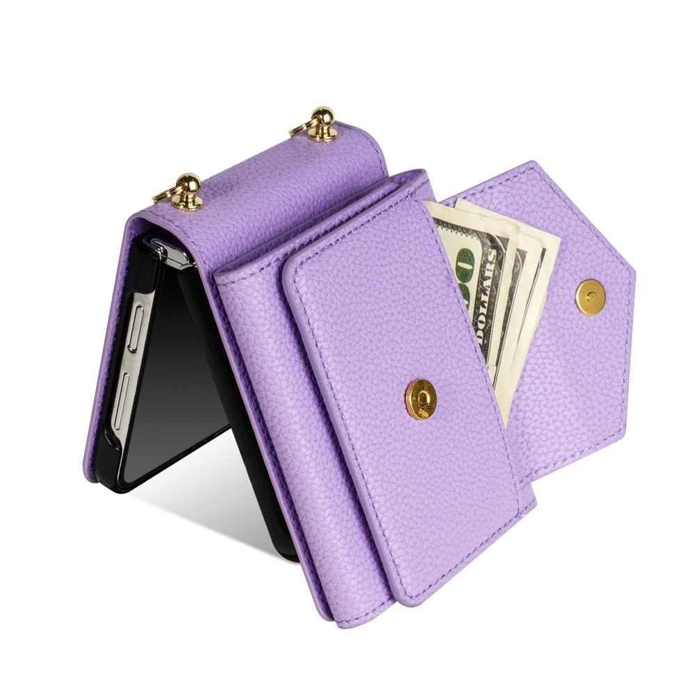 For Samsung Galaxy Z Flip7 5G Case Card Slots PU + PC Phone Cover with Long Strap - Purple