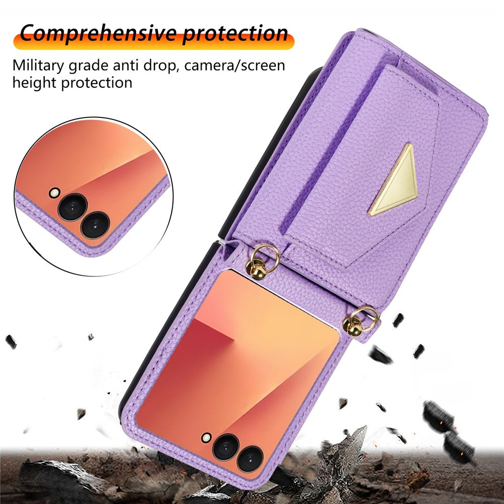 For Samsung Galaxy Z Flip7 5G Case Card Slots PU + PC Phone Cover with Long Strap - Purple