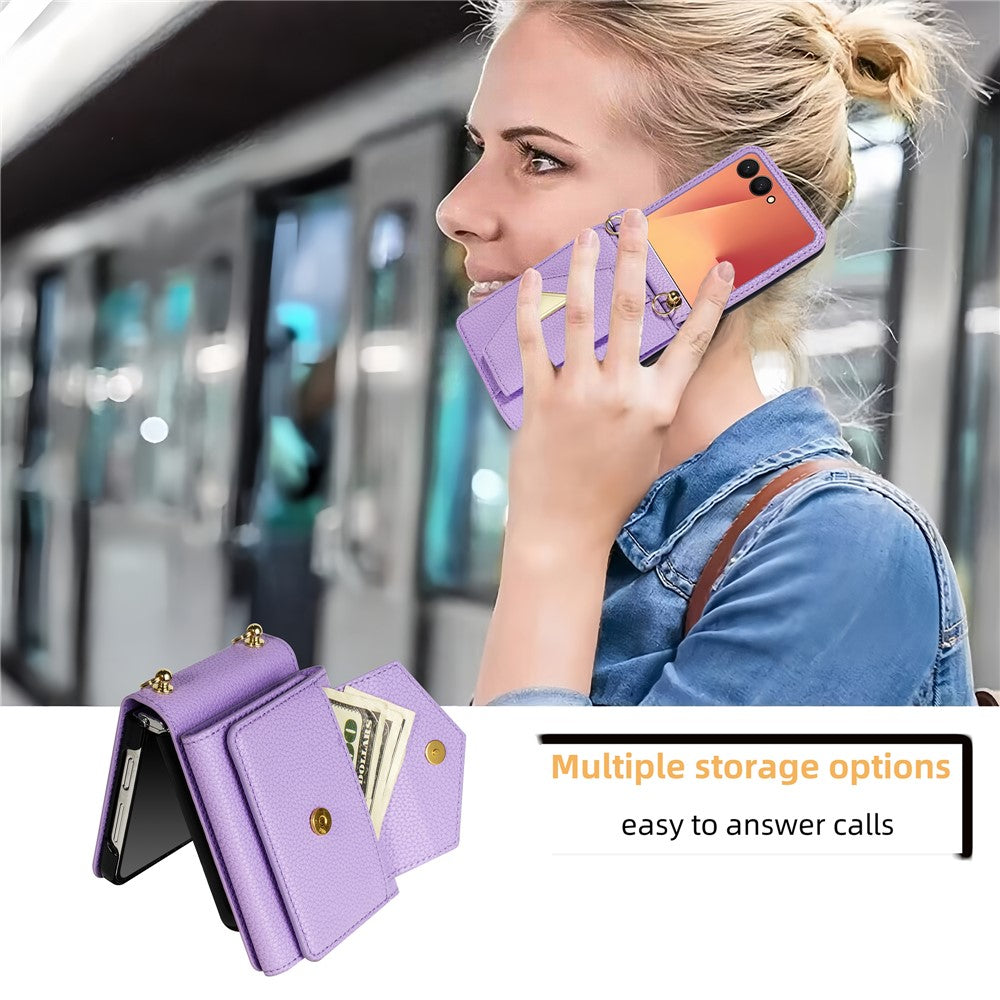 For Samsung Galaxy Z Flip7 5G Case Card Slots PU + PC Phone Cover with Long Strap - Purple