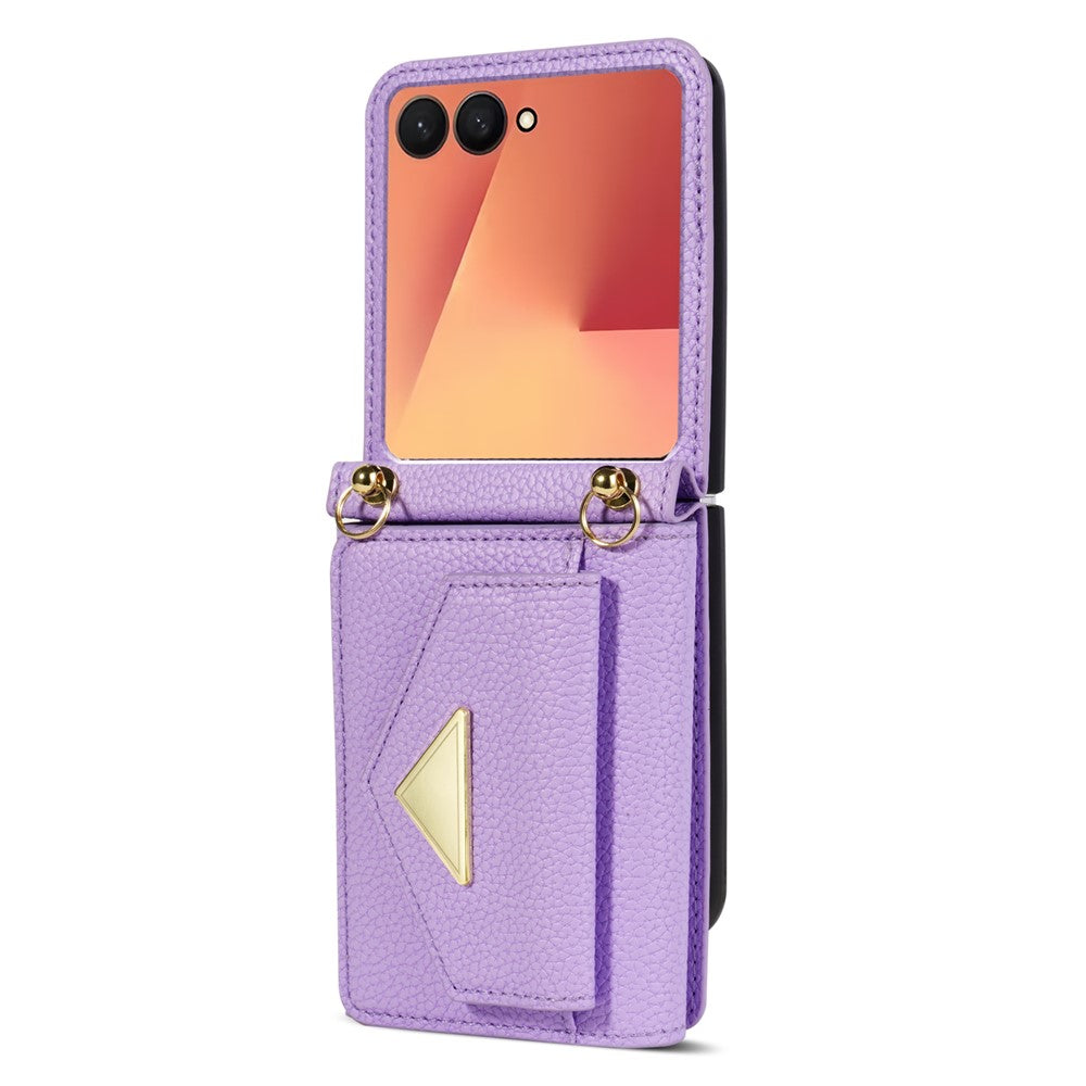 For Samsung Galaxy Z Flip7 5G Case Card Slots PU + PC Phone Cover with Long Strap - Purple