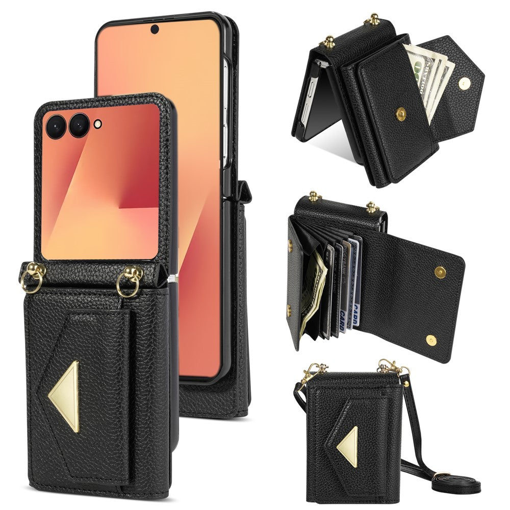 For Samsung Galaxy Z Flip7 5G Case Card Slots PU + PC Phone Cover with Long Strap - Black