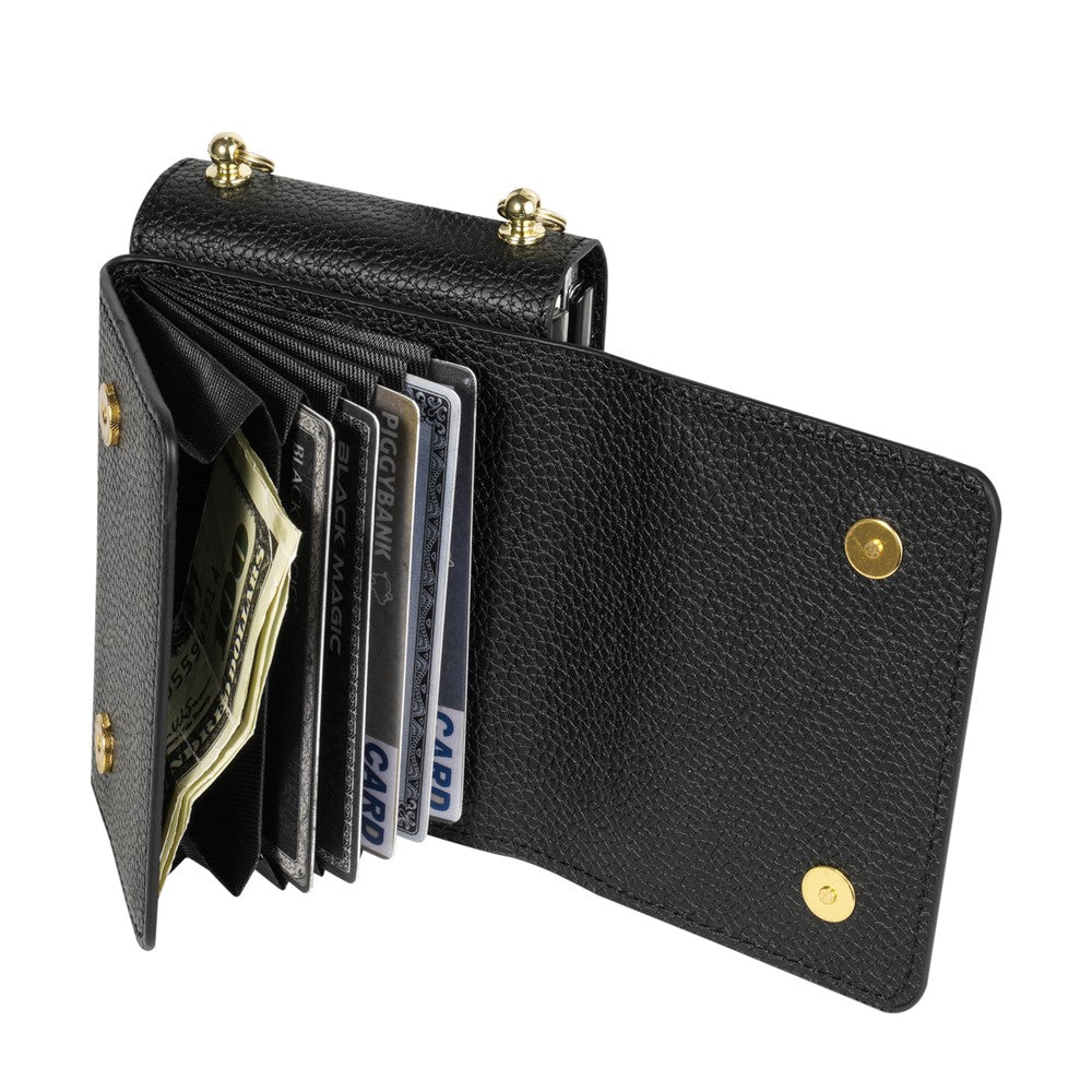 For Samsung Galaxy Z Flip7 5G Case Card Slots PU + PC Phone Cover with Long Strap - Black
