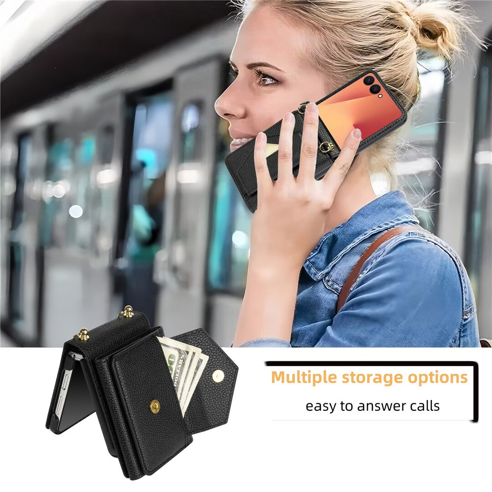 For Samsung Galaxy Z Flip7 5G Case Card Slots PU + PC Phone Cover with Long Strap - Black