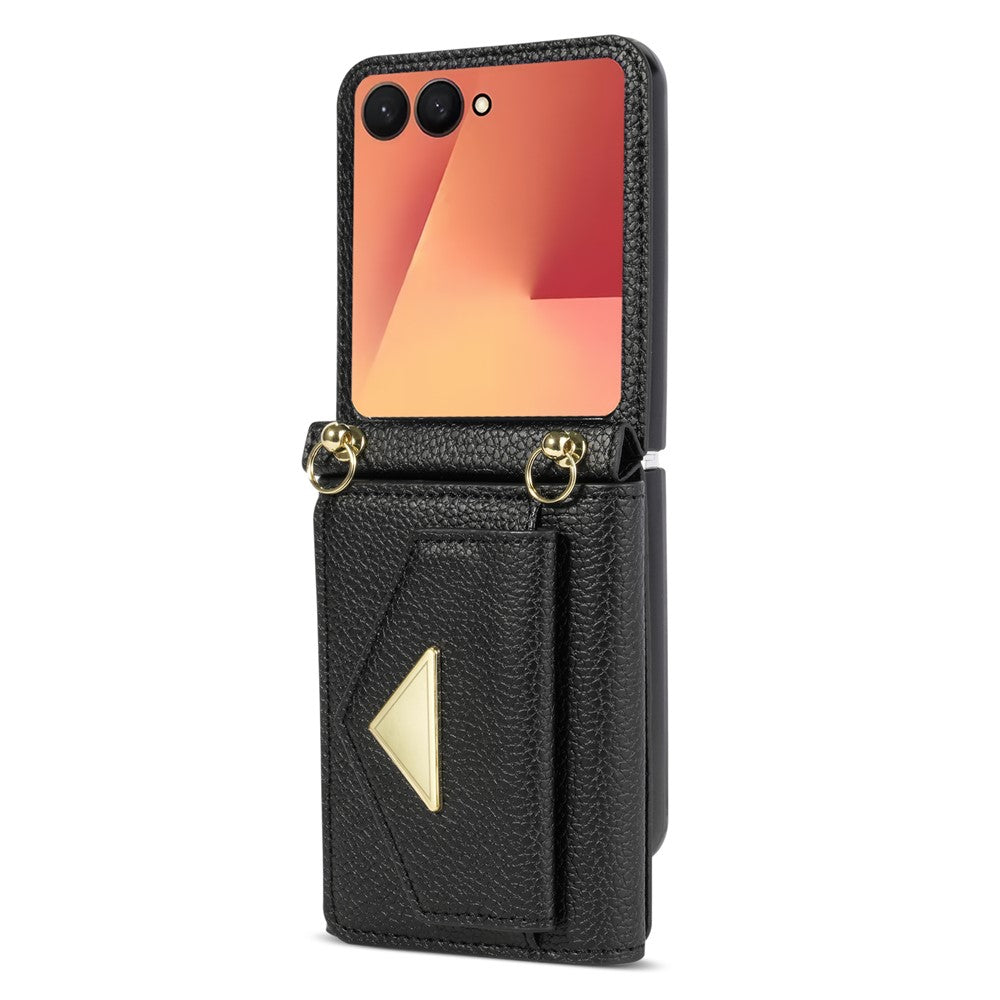 For Samsung Galaxy Z Flip7 5G Case Card Slots PU + PC Phone Cover with Long Strap - Black