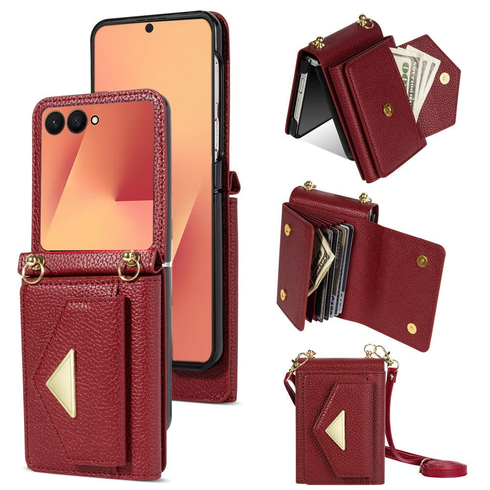 For Samsung Galaxy Z Flip7 5G Case Card Slots PU + PC Phone Cover with Long Strap - Wine Red