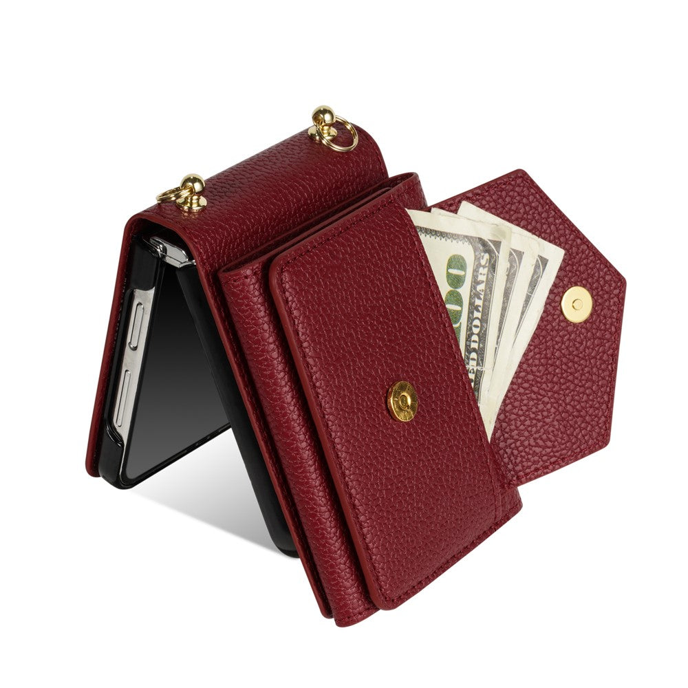 For Samsung Galaxy Z Flip7 5G Case Card Slots PU + PC Phone Cover with Long Strap - Wine Red