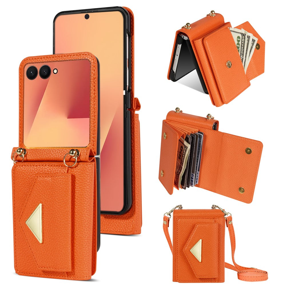 For Samsung Galaxy Z Flip7 5G Case Card Slots PU + PC Phone Cover with Long Strap - Orange