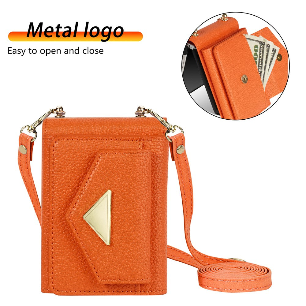 For Samsung Galaxy Z Flip7 5G Case Card Slots PU + PC Phone Cover with Long Strap - Orange