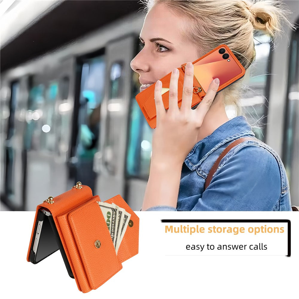 For Samsung Galaxy Z Flip7 5G Case Card Slots PU + PC Phone Cover with Long Strap - Orange