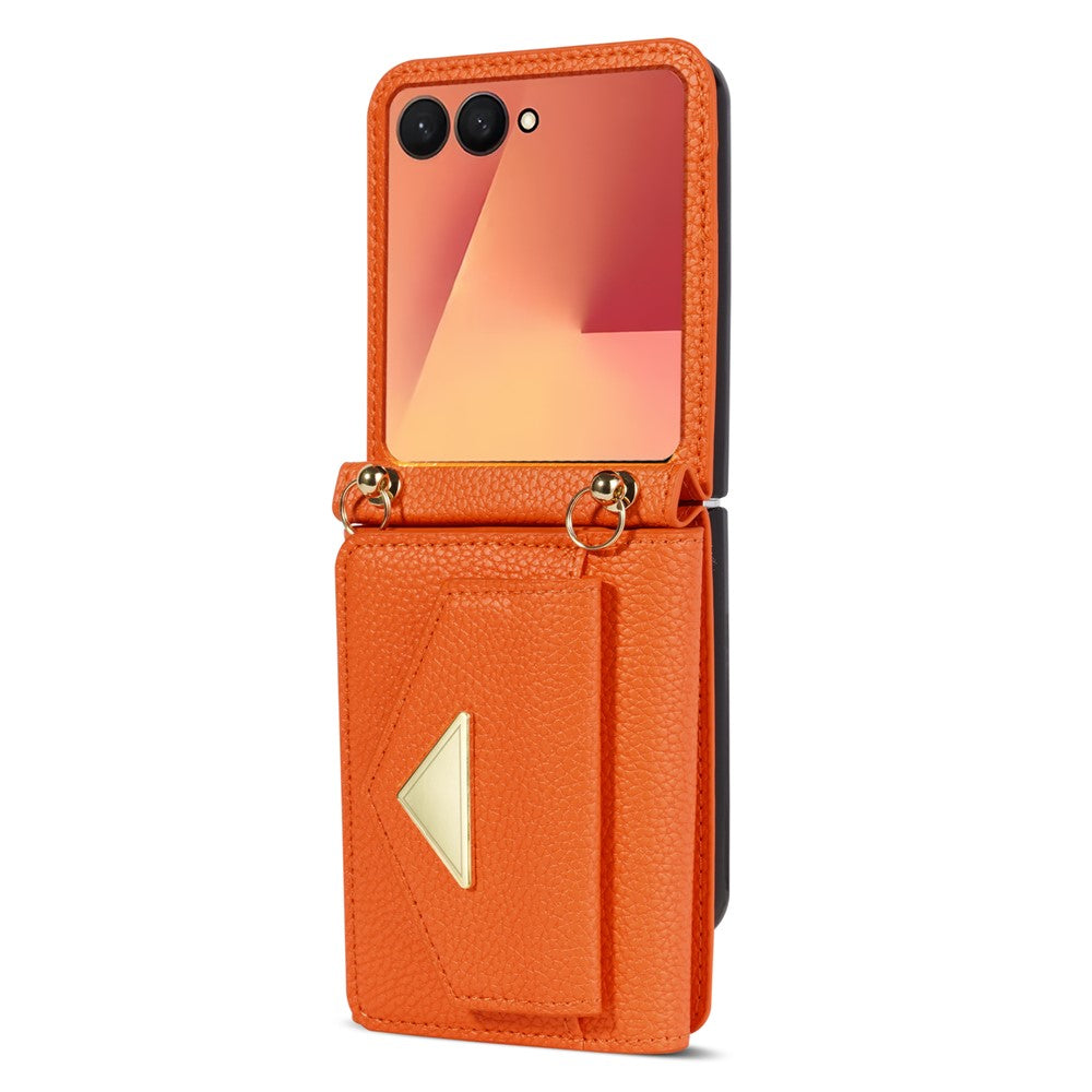 For Samsung Galaxy Z Flip7 5G Case Card Slots PU + PC Phone Cover with Long Strap - Orange