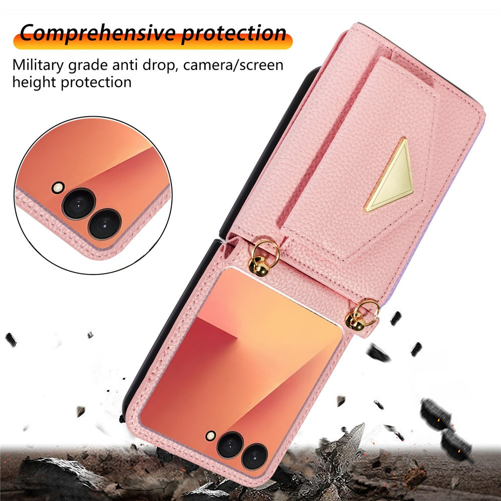 For Samsung Galaxy Z Flip7 5G Case Card Slots PU + PC Phone Cover with Long Strap - Pink