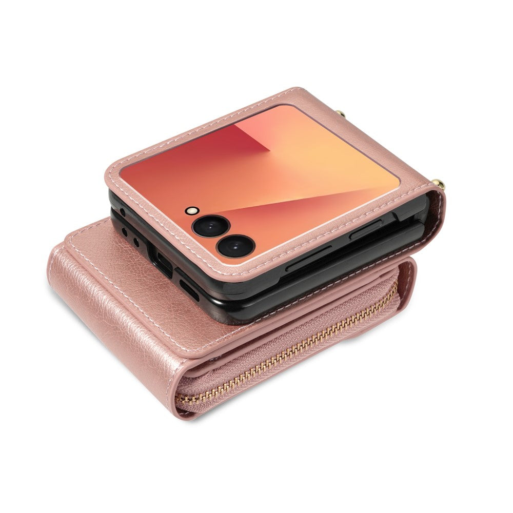 For Samsung Galaxy Z Flip7 5G Case Zipper Wallet PU Leather TPU PC Phone Cover with Shoulder Strap - Rose Gold