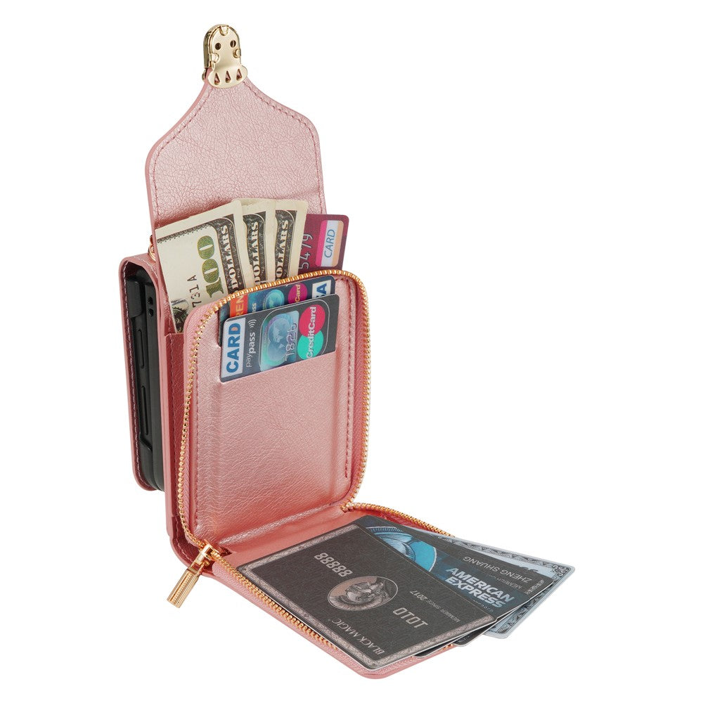 For Samsung Galaxy Z Flip7 5G Case Zipper Wallet PU Leather TPU PC Phone Cover with Shoulder Strap - Rose Gold