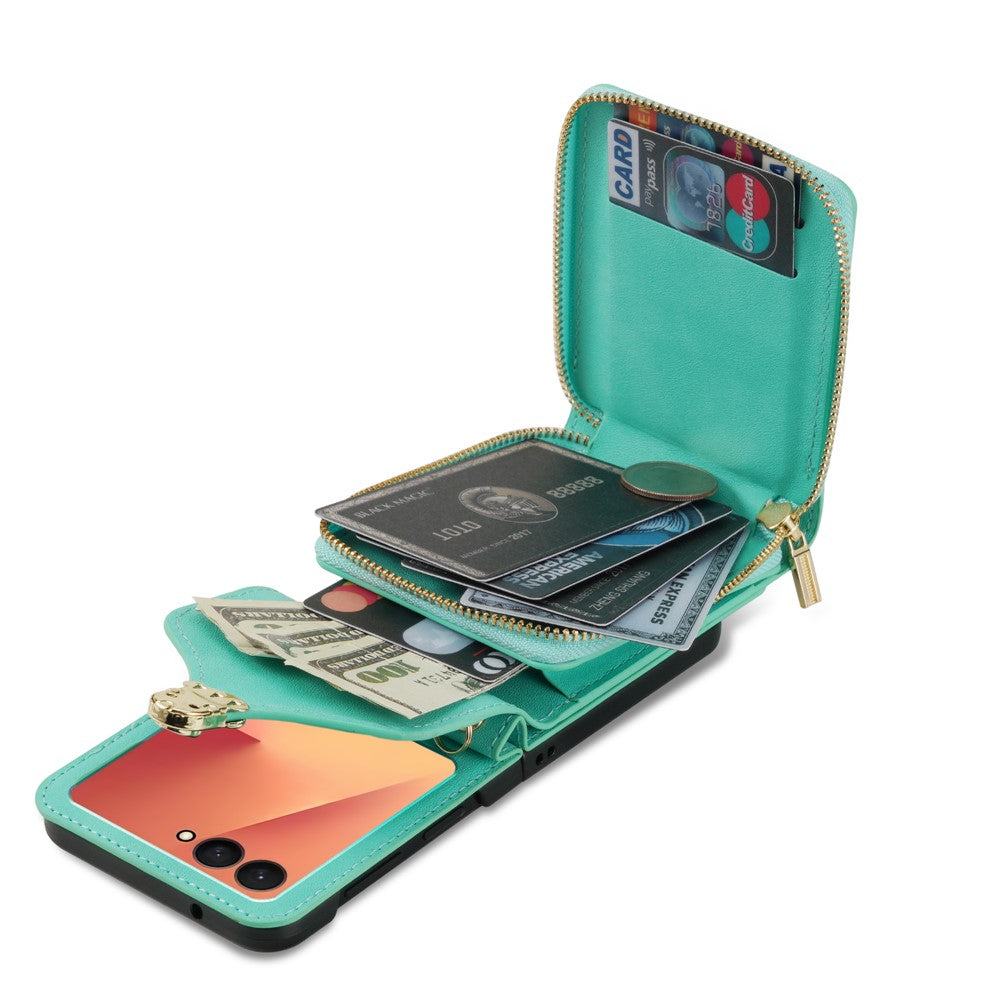 For Samsung Galaxy Z Flip7 5G Case Zipper Wallet PU Leather TPU PC Phone Cover with Shoulder Strap - Mint Green