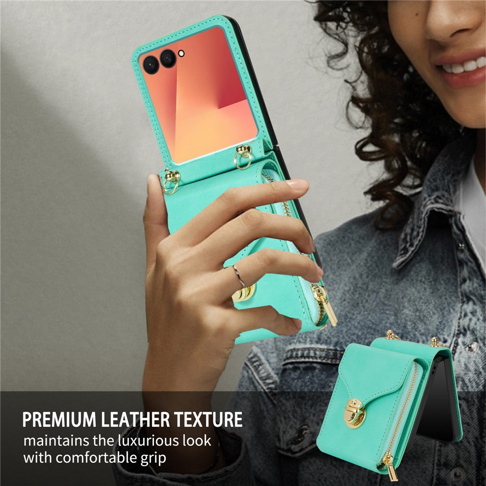 For Samsung Galaxy Z Flip7 5G Case Zipper Wallet PU Leather TPU PC Phone Cover with Shoulder Strap - Mint Green