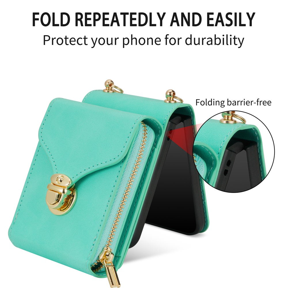 For Samsung Galaxy Z Flip7 5G Case Zipper Wallet PU Leather TPU PC Phone Cover with Shoulder Strap - Mint Green