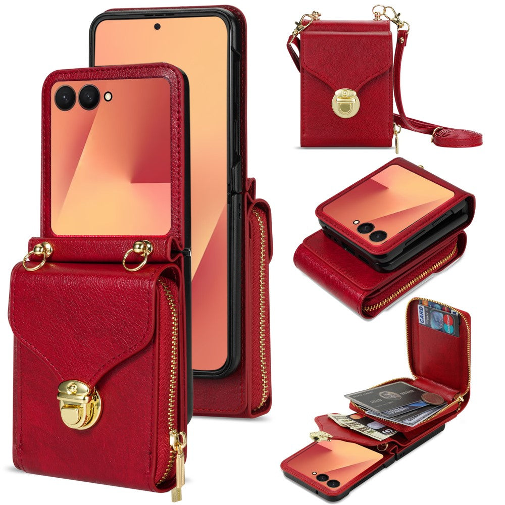 For Samsung Galaxy Z Flip7 5G Case Zipper Wallet PU Leather TPU PC Phone Cover with Shoulder Strap - Red