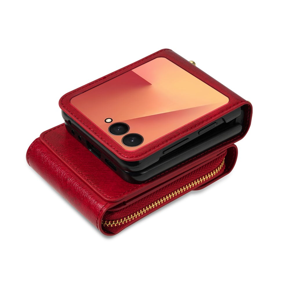 For Samsung Galaxy Z Flip7 5G Case Zipper Wallet PU Leather TPU PC Phone Cover with Shoulder Strap - Red