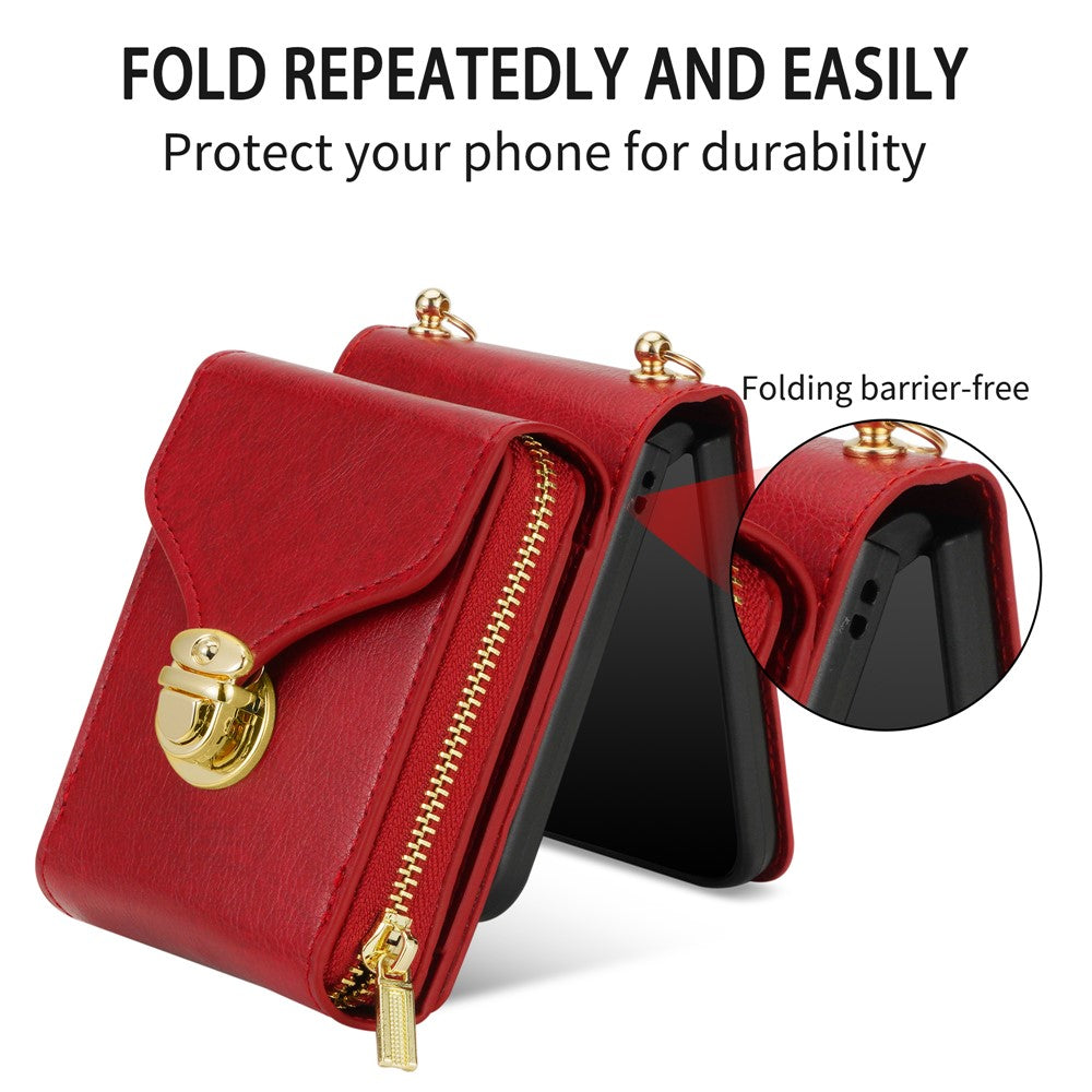 For Samsung Galaxy Z Flip7 5G Case Zipper Wallet PU Leather TPU PC Phone Cover with Shoulder Strap - Red
